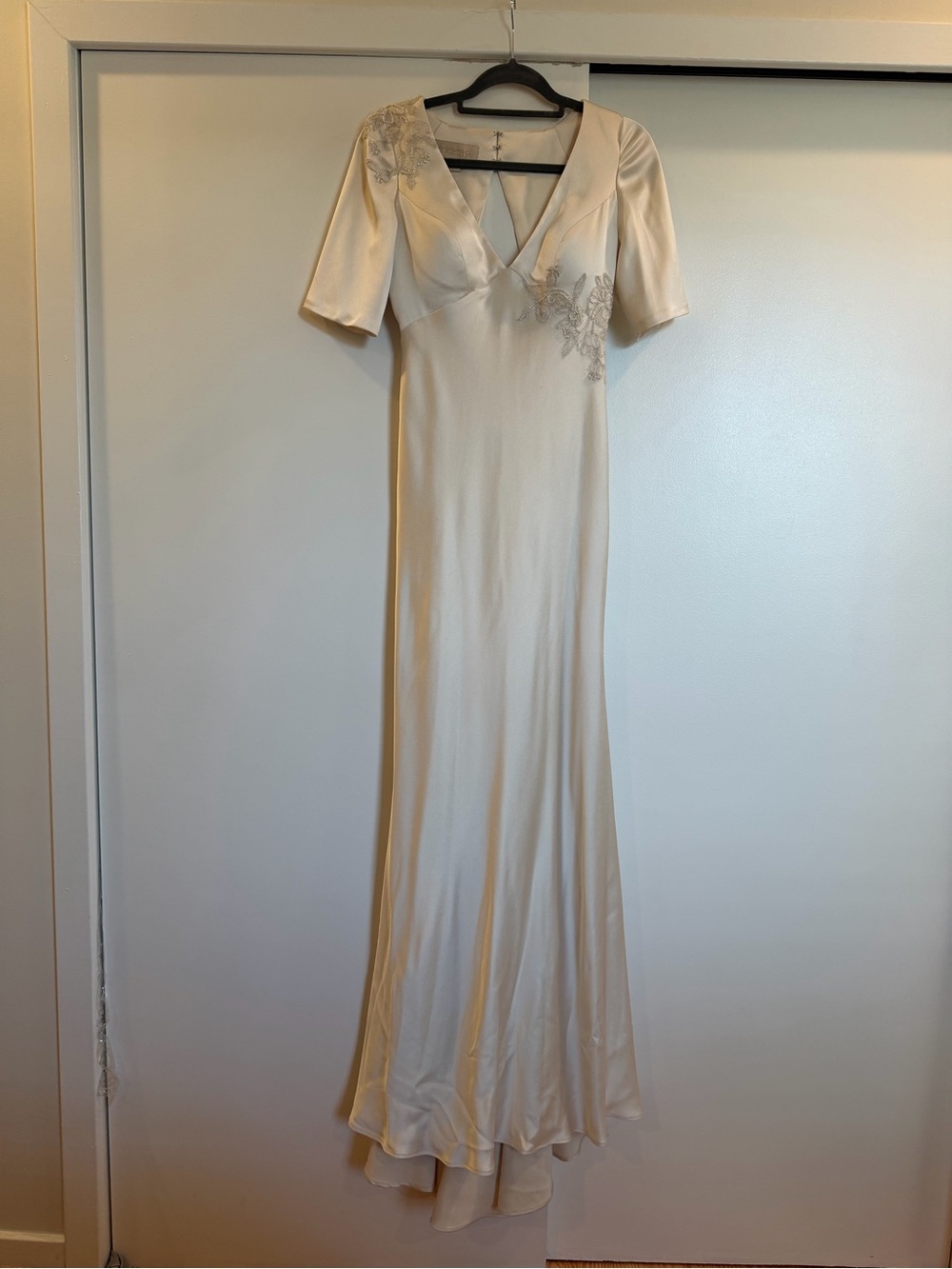 Jenny Yoo Cream Satin V-Neck Wedding Dress with Lace Appliqué